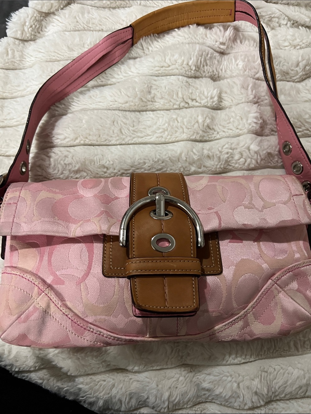 Coach Pink Signature Jacquard Shoulder Bag with Tan Leather Trim